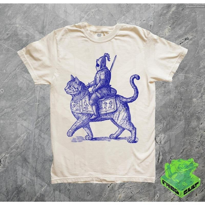 Vintage Cat Knight Meme Tshirt, Retro 90s Tattoo Kitten Medieval Tee, Y2k Dark Art Grimdark Funny Gag Gift, Cat Lover Outfit , Global Trending Outfits