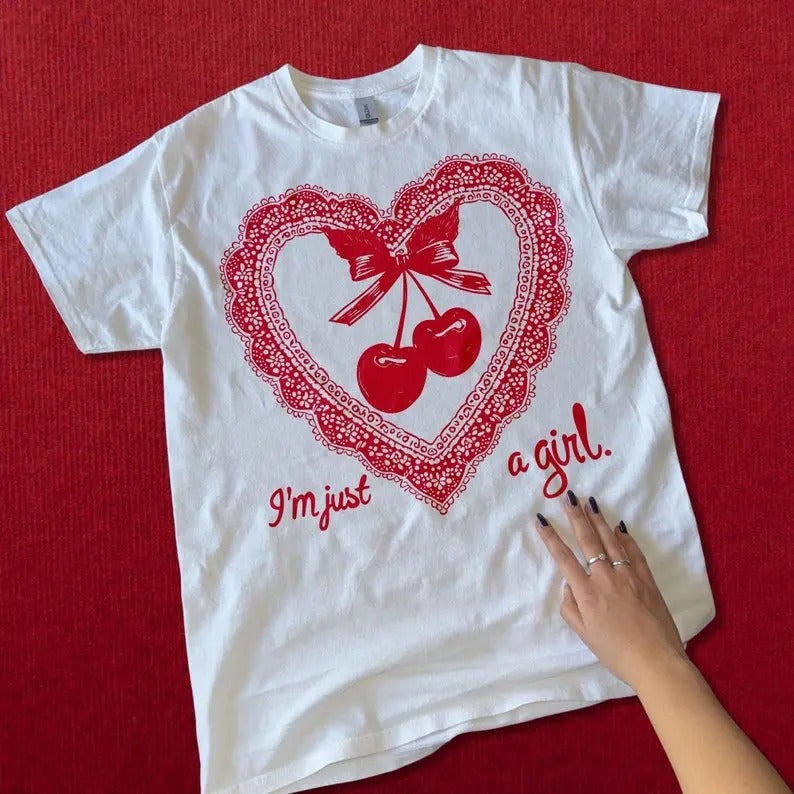 Vintage Cherry I'm Just a Girl T-Shirt - Retro Heart Lace Cherry Graphic Tee, Cute Pink Unisex Shirt, Sweet Gift for Cherry Lovers