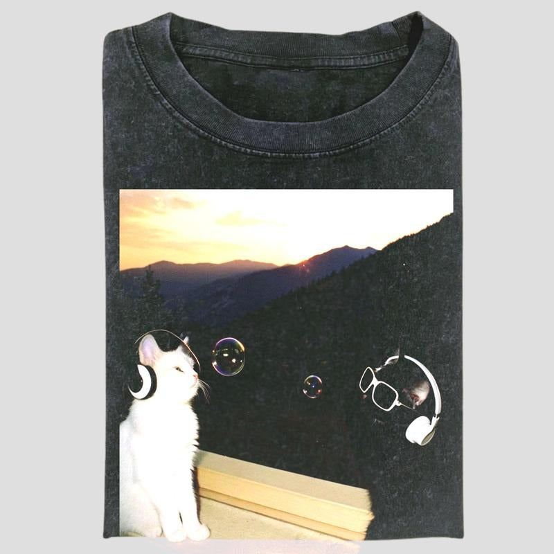 Vintage Chill Cat Duo Graphic Tee, Sunset Headphones Meme Shirt, Aesthetic Funny Pet Design, Unisex Menswear Womenswear Top
