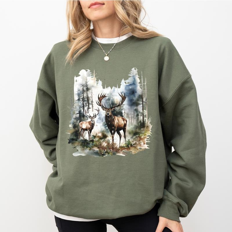 Vintage Deer Wilderness Scene Sweatshirt, Retro Buck And Doe Deer Graphic Crewneck, Unisex Hunter Tops, Hunting Sweaters for Women, Casual Womenswear