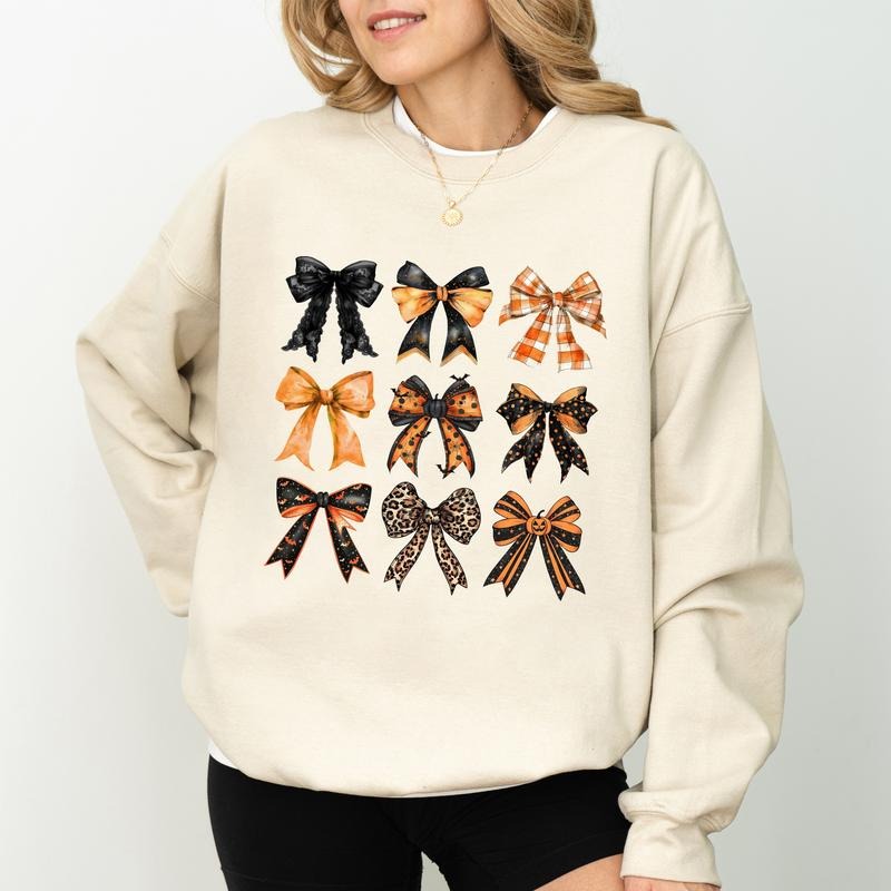 Vintage Fall Halloween Coquette Bow Sweatshirt, Autumn Bow Crewneck, Halloween Pumpkin Bow Sweater, Fall Vibes Shirt for Girls, Halloween Women Outfits, Comfy Long Sleeve Pullover, Cute Women's Tops, Casual Womenswear, Comfort Cotton Fabric Relaxed Top
