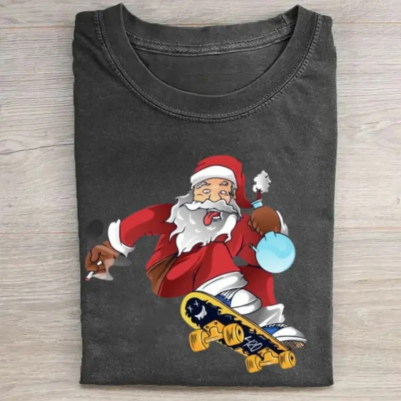 Vintage Funny Christmas Graphic Tee - Santa Skateboarding - Christian Christmas - Santa Holding a Boong - Funny Cannabis Shirt - Merry Christmas - Cute Winter Shirt - Christmas Gifts - Stoner Gifts