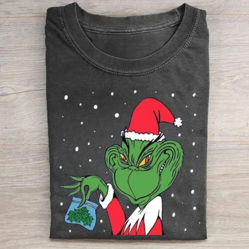 Vintage Funny Christmas Movie Graphic Tee - Gr1nch Holding a Pack Shirt - Merry Christmas Shirt - Gr1nch Santa Claus - Cute Winter Shirt - Christmas Gifts - The Gr1nch Movie Shirt - Stoner Gifts - Cannabis Shirt