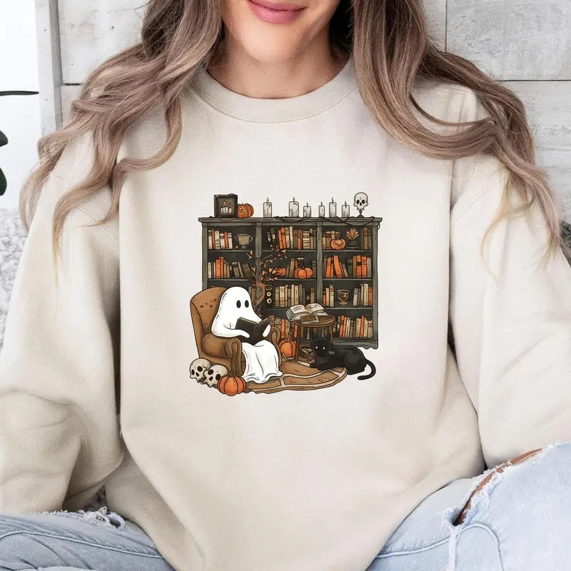 Vintage Ghost Reading Book Sweatshirt, Black Cat Ghost Sweater, Halloween Reading Ghost T-Shirt, Halloween Bookish Tee Shirt, Gift For Book Lovers