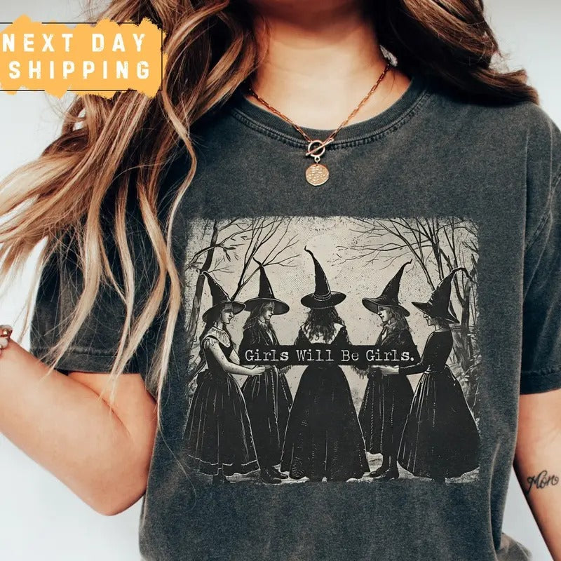 Vintage Girls Will Be Girls Witch T-Shirt, Digital Graphic Print Cotton Tee, Full Sizes, Classic Menswear & Womenswear Top