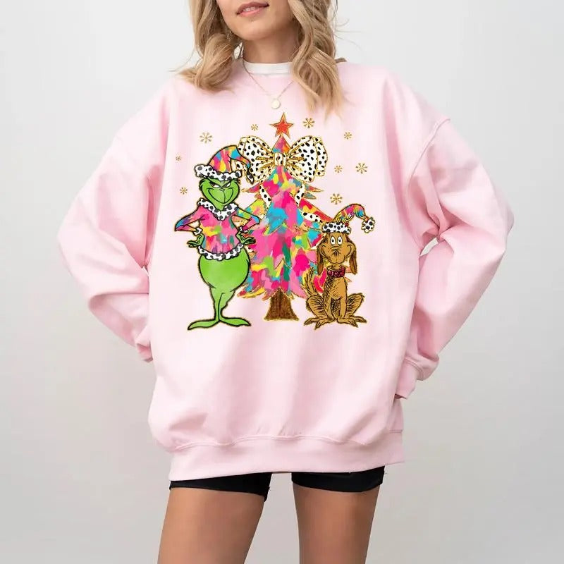 Vintage Greench Christmas Tree Coquette Bow Crewneck Sweatshirt, Whimsical Greench Guy Xmas Tee, Retro Christmas, Christmas Night Nostalgia Shir