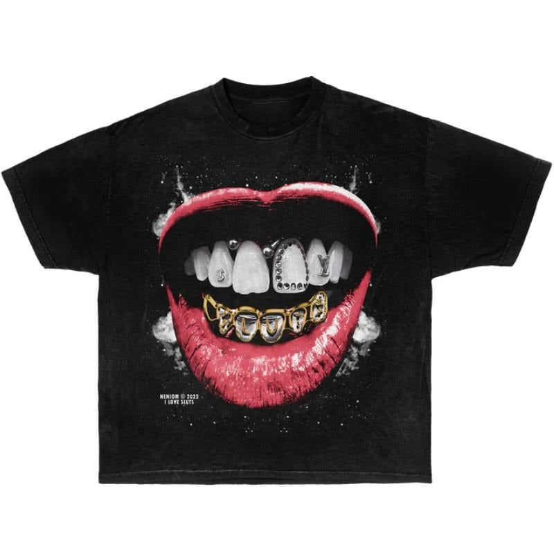 Vintage Grillz Garment-Dyed Boxy Shirt Streetwear Y2K Style, Y2K Cyber Wave Tee - Retro Vapor Aesthetic, Streetwear Statement, Unisex Crewneck Cotton