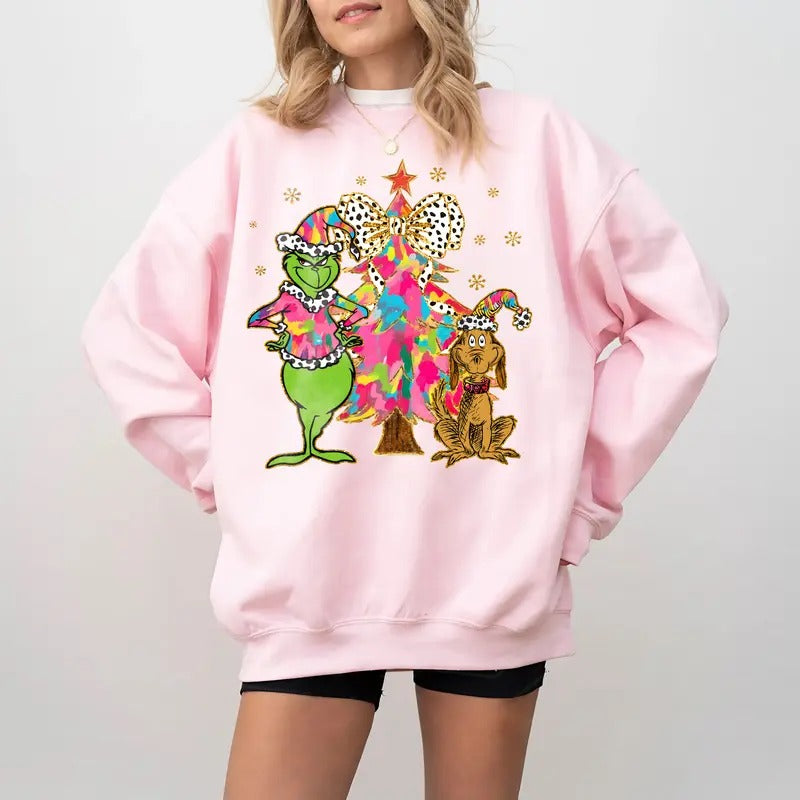 Vintage Grinnch Christmas Tree Sweatshirt, Whimsical Grinnch Max Tree Sweatshirt, Christmas Coquette Gift, Funny Gricnhy Gift