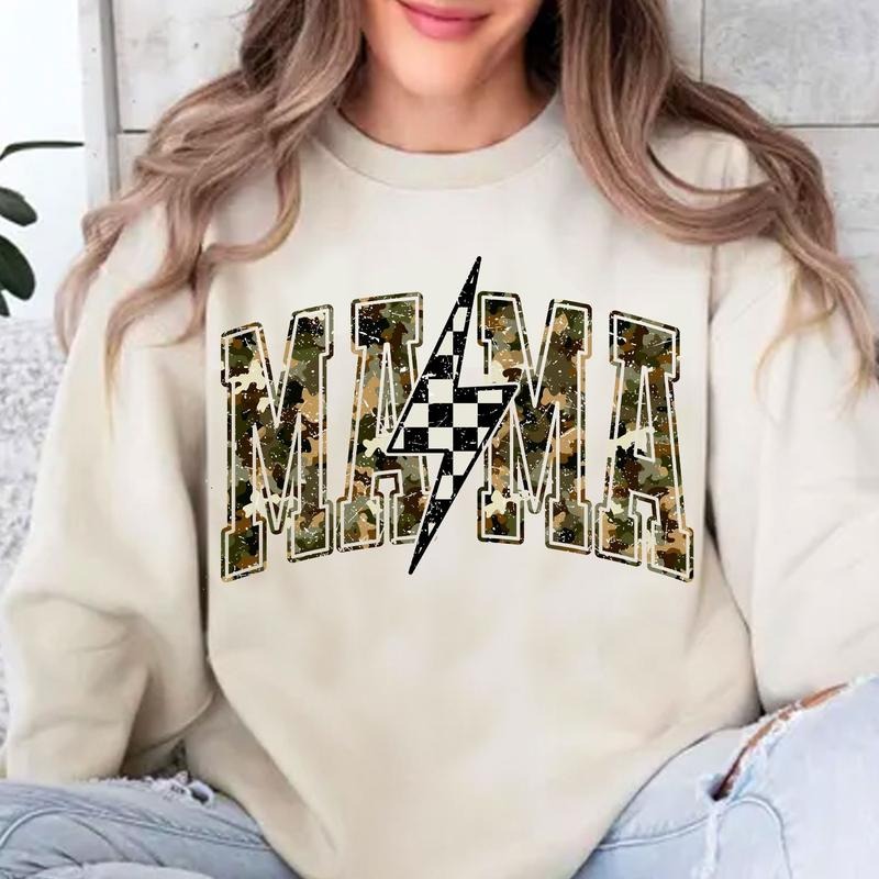 Vintage Grunge Camo Mama Checkered Lighting Bolt Crewneck Sweatshirt, Camo Lovers Tee, Outdoors Mom Gifts, 100% Cotton Graphic Shirt