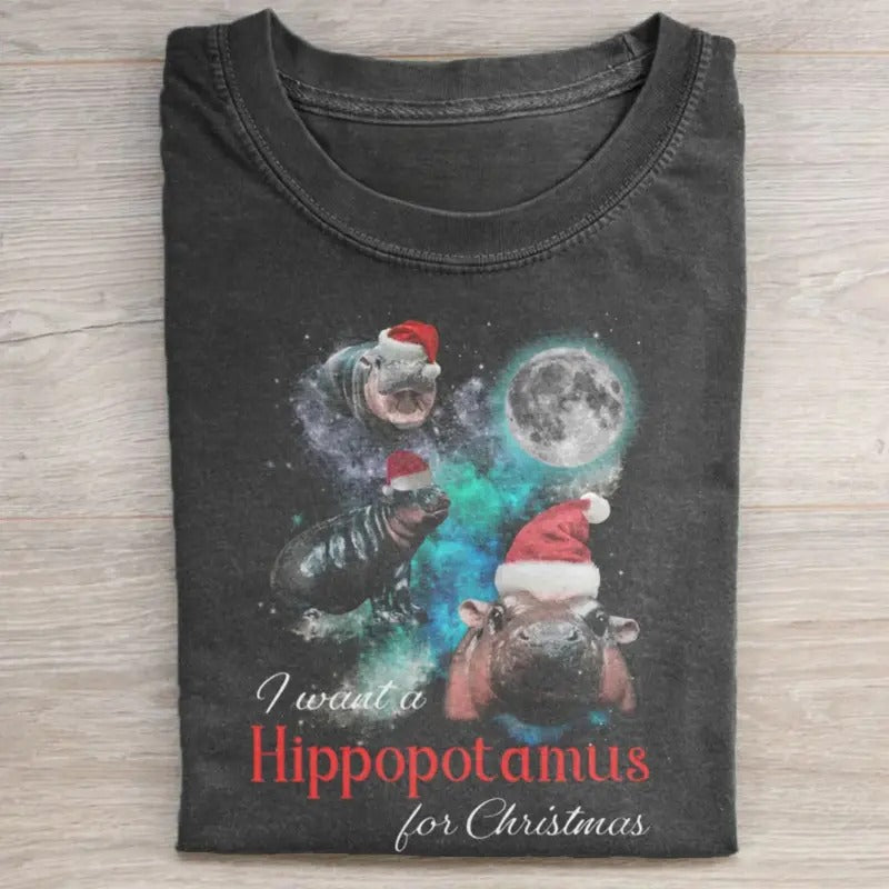 Vintage I Want a Hippopotamus for Christmas Graphic Tee - Funny Moo Deng Santa Claus - Funny Christmas Gifts