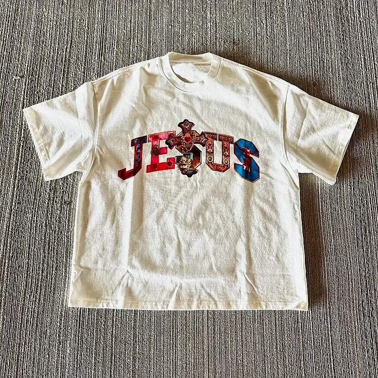 Vintage Jesus Graphic 100% Cotton T-Shirt vintage shirts Crewneck Menswear Top Apparel Polyester Tshirt Streetwear Wetsuit Shortsleeve Tropical Casual Biker