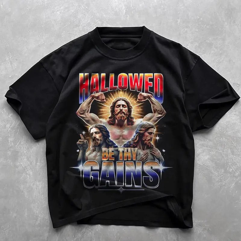Vintage Jesus Graphic T-shirt, Hallowed Be Thy Gains Funny Gym Shirt, Graphic Tee Gift For BoyfrIend Girlfriend