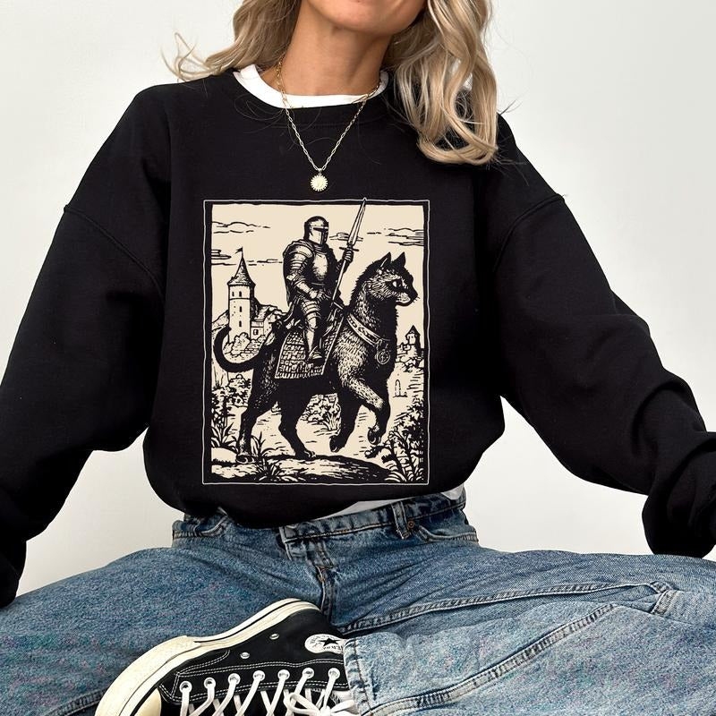 Vintage Knight Riding Cat Sweatshirt, Retro Knight Kitten Crewneck, Dark Art Grimdark Tops, Cat Lover Gifts, Funny Meme Sweaters, Cotton Womenswear
