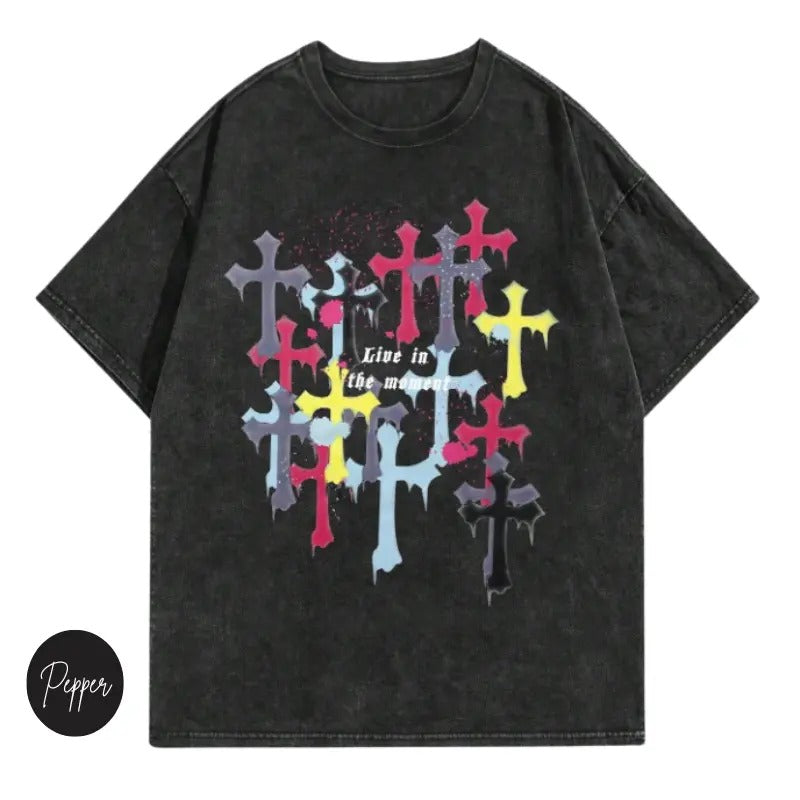 Vintage Live in the Moment Cross Graphic Tees, Crew Neck, Size S- 3XL, Menswear Top, Womenswear Top Underwear Streetwear A6