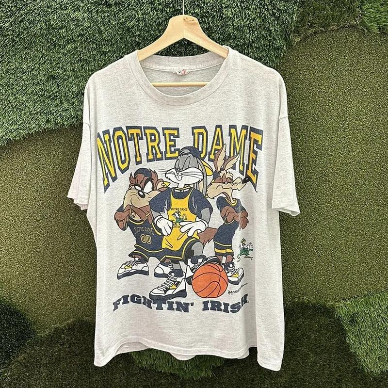 Vintage N0tre Dame Fighting Irish L00ney Tunes T-shirt Classic Cotton Menswear Top Embroidered Hoodie