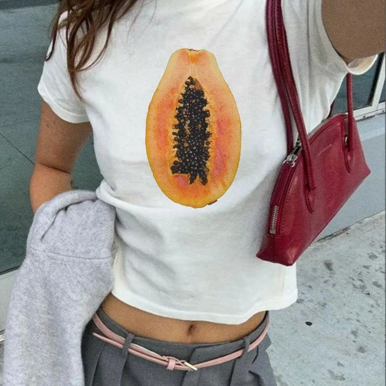 Vintage Papaya Fruit Graphic 90s Baby Tee | Y2K Streetwear Top | Classic Round Neck Women's Top
