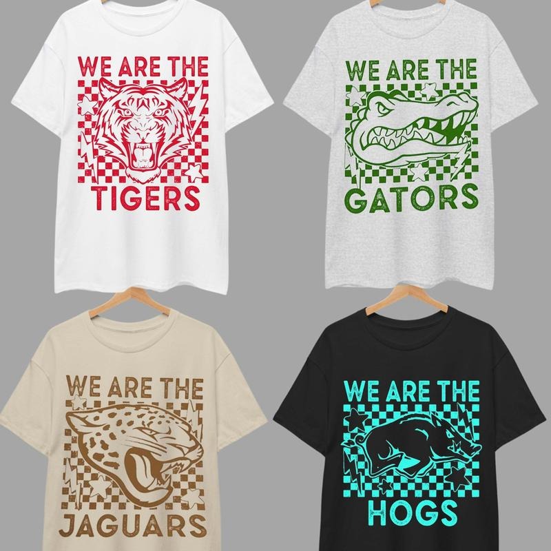 Vintage Sand and Ash Grey Checkerboard We Are Mascot All School Name T-Shirt. Classic Cotton