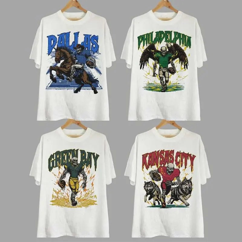 Vintage Skeleton All Teams Football Cotton T-shirt, Gildan 5000 Unisex Crewneck Sport Classic T-Shirt All Teams Football, White Menswear Soft Tee Dallas, Green Bay, Kansas City T-shirt
