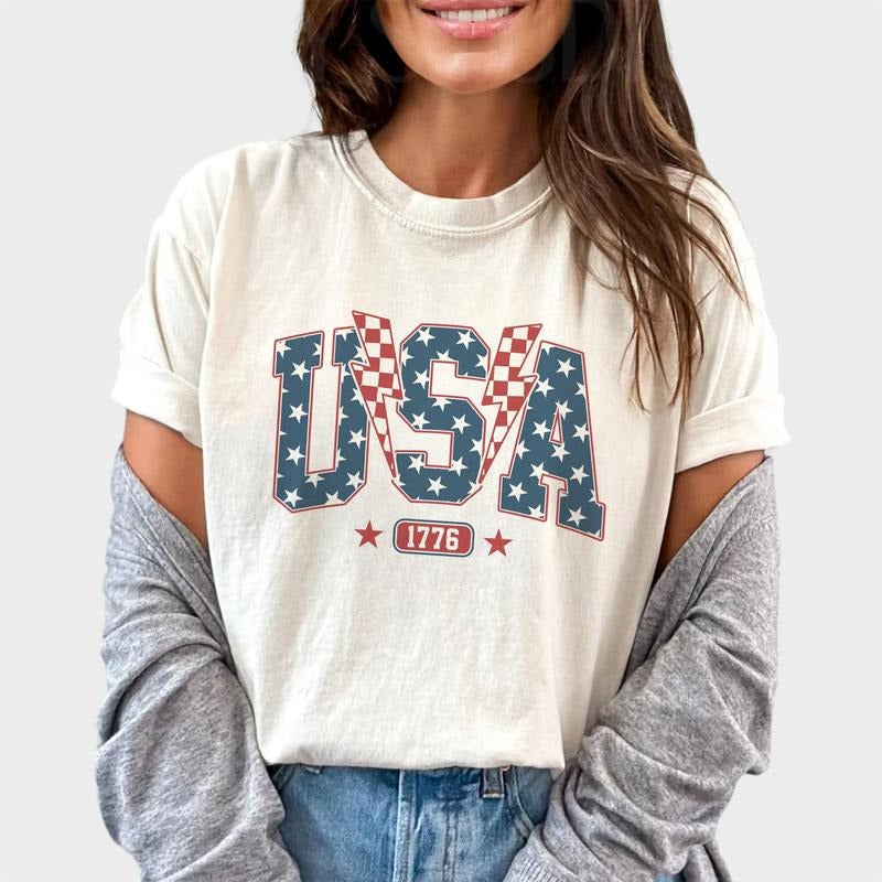 Vintage Star USA Shirt, 4th of July USA Graphic Tee, Est.1776, Lightning Bolt American Shirt, Patriotic USA Tshirt, Independence Day USA Tshirt, Retro USA Shirt, Graphic Women Tops, Comfy Fabric Oversized Graphic Tee, Cotton Fabric Relaxed Fit Chic Style