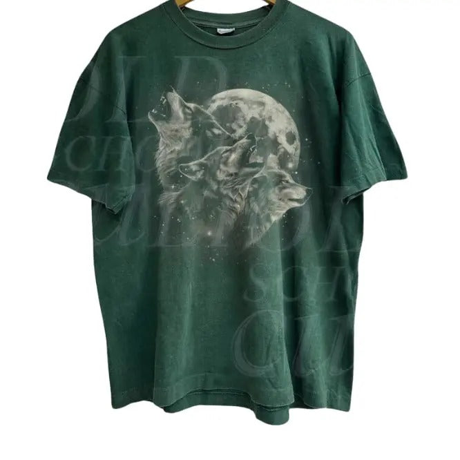 Vintage Three Grey Wolves Howling To The Moon 90s Graphic Shirt, Wolf In Space Retro Tee, 2000s Nature Galaxy Stars Y2k Shirt, Underwear Streetwear