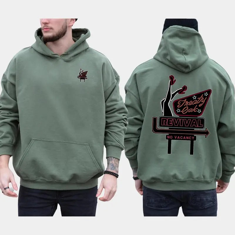 Vintage Treaty Oak Revival 2-Sided Hoodie, Retro Neon Sign Hoodies, Funny Men's Hooded, Unisex Drink Tops, Cotton Casual Menswear, Classic Long Sleeve Pullover, hoodie trend 2024