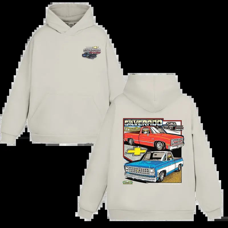 Vintage Vibe 2 Sides Chevy Silverado Hoodie Men's Cotton Hoodie Old School Sweater Gift for Him Classic Car Casual Menswear