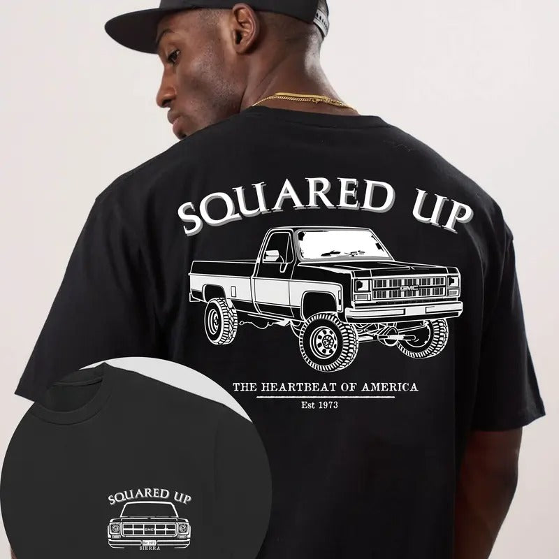 Vintage Vibe 2 Sides Squared Up 1973 GMC Sierra Men's Cotton Tee Old School GMC Tee Gift for Him Truck Shirt Classic GMC Truck Casual Menswear Streetwear Tshirt Tops Biker Trouser Jeans Dress Round Neck Shortsleeve Crewneck men gifts
