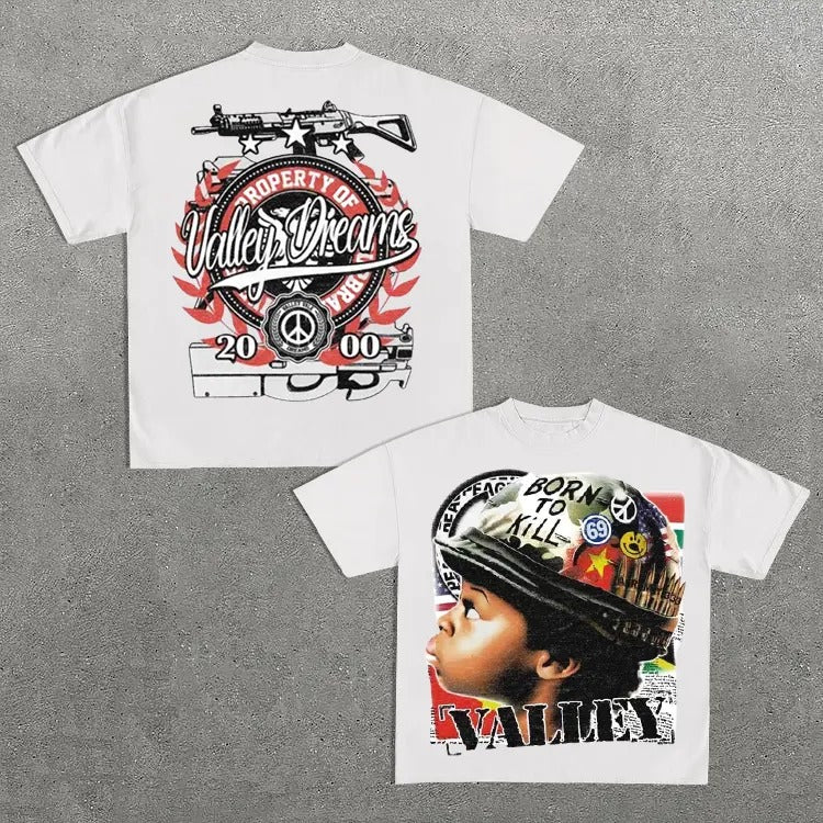 Vintage Warzone 69 Valley Dreams Peace Graphic Cotton T-Shirt Cropped Tees