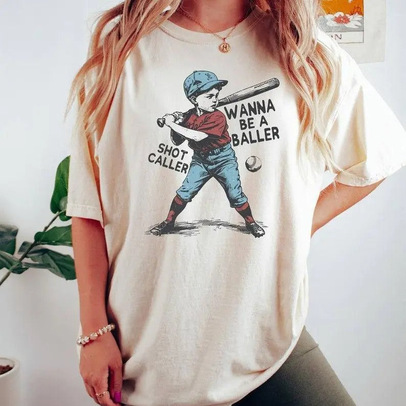 Wanna be a baller shot caller Tshirt, Retro baseball shirt, Baseball boy Shirt, Baseball Lover Gift, Game Day Tee, Sport Top Womenswear Streetwear