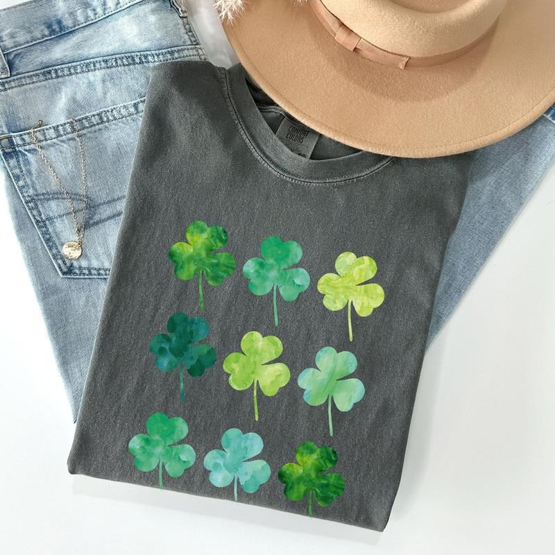 Watercolor Shamrocks In Rows, St Patrick's Day Comfort Colors Tshirt, Women's Crew Neck, Crewneck