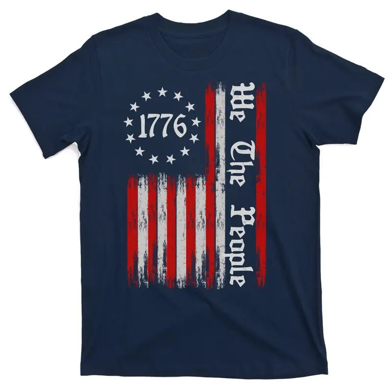 We The People 1776 Distressed USA American Flag T-Shirt Menswear Top