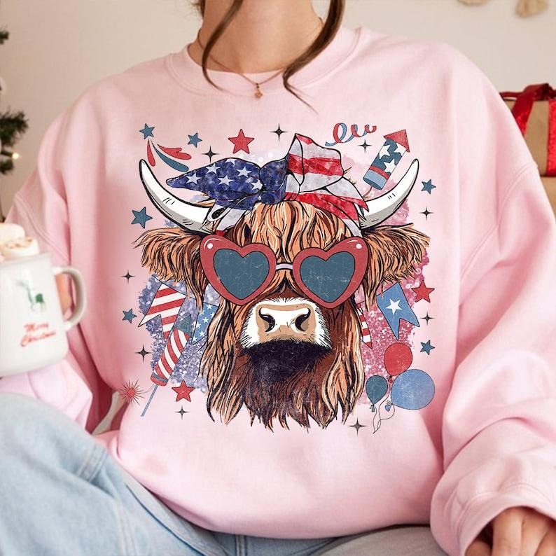 Western America Highland Cow , America Shirt, 4th Of july, Western , American Flag , Usa, America Designs, Freedom Hoodie, T-shirt and sweater