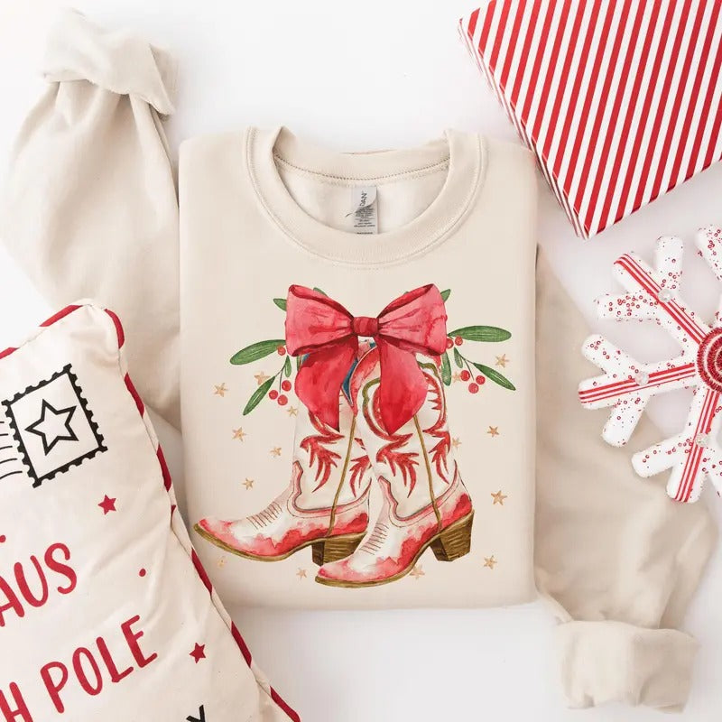 Western Christmas Cowboy Boots Sweatshirt Christmas Cowboy Shirt Retro Christmas Shirt Xmas Cowgirl Gifts Womenswear Hoodie