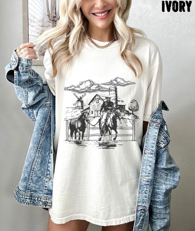 Western Cowboy Oversized Shirt, Vintage Tshirt, Cowboy Shirt, Rodeo Cowgirl Tee, Rodeo Shirt, Country vintage T-shirt, sweater and Hoodie cotton shirt