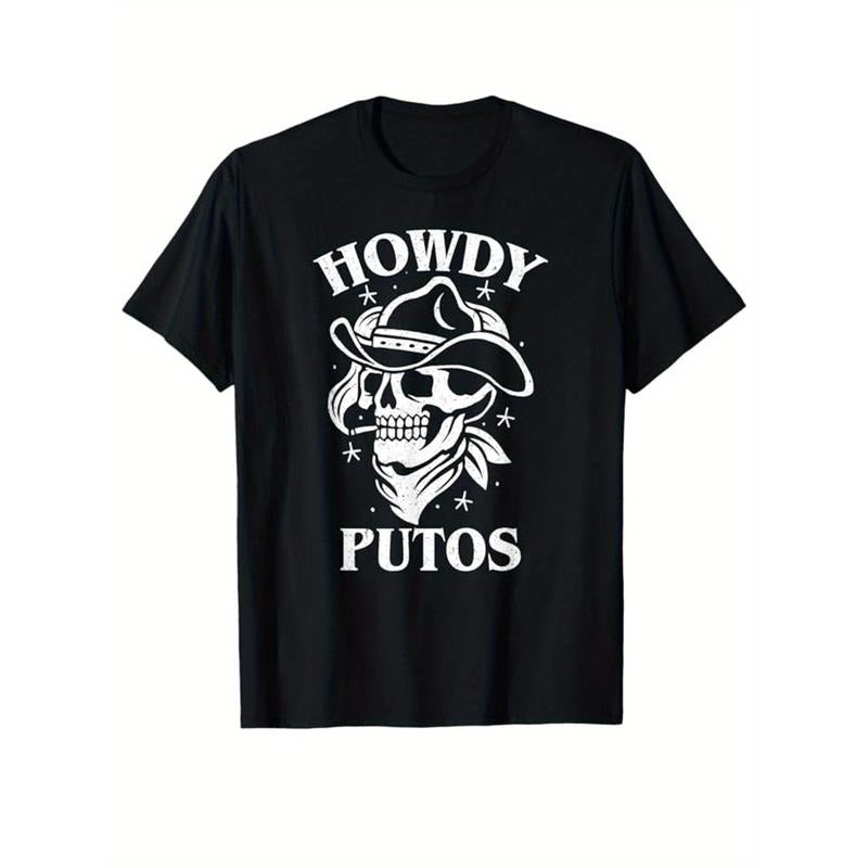 Western Cowboy Print Crew Neck Short Sleeve T-shirt - Men's Casual Cotton Top for Outdoor Activities with Classic Print Design made in usa