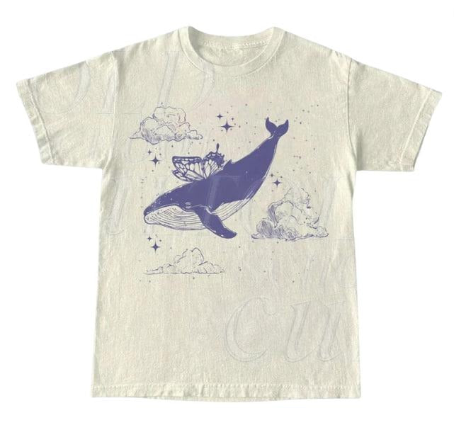 Whale With Butterfly Wings Vintage T Shirt, Retro Whale In Sky 90s Shirt, Ocean Retro Tee, Cute Y2k Gift, Butterfly Sea Animal Graphic Shirt Shortsleeve
