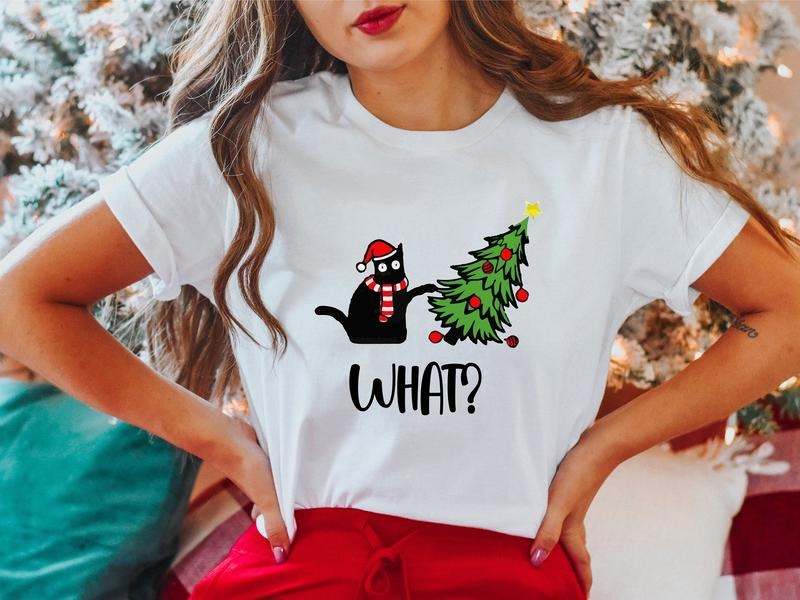 What Cat Christmas Shirt, Funny Black Cat T-Shirt, Cat Lover Gift Tee For Mother, Unisex Christmas Gift Shirt, Christmas Tree Short Sleeve.