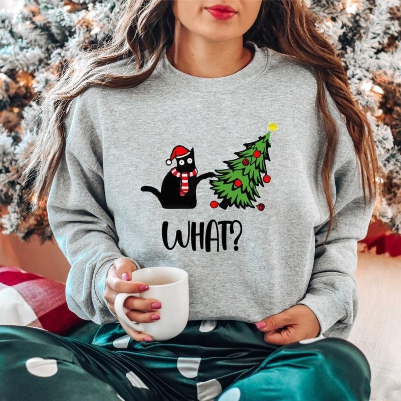 What Cat Christmas Sweatshirt, Funny Black Cat Sweater, Cat Lover Gift Hoodie For Mother, Unisex Christmas Tree Gift Long Sleeve.