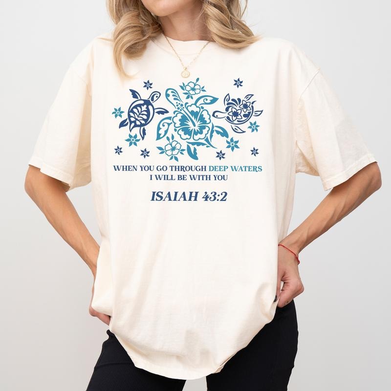 When You Go Through Deep Waters Bible Verse Comfort Colors Shirt, Faith Summer T-shirt, Floral Shells Trio Turtle Graphic Tee, Beachy Summer Clothing