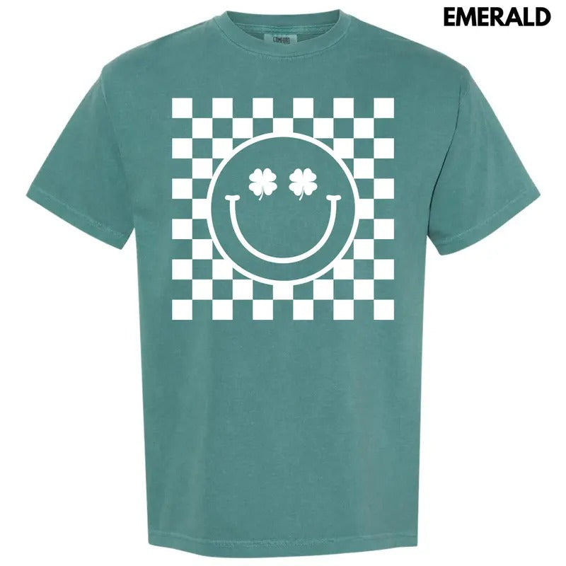 White Shamrock Checker Happy Face Comfort Colors T-Shirt 'NLB'