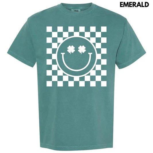 White Shamrock Checker Happy Face Comfort Colors T-Shirt 'NLB'