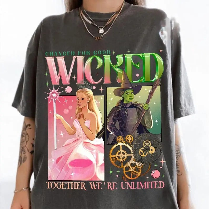 Wicked Change For Good Glitter T-Shirt, Defy Gravity Broomstick Magic Wand T-Shirt, Witch Pink And Green T-Shirt, Gift For Fan Classic Fabric