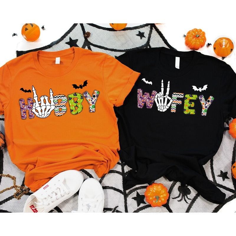 Wifey and Hubby Matching Halloween T-shirt, Couple Halloween Tee, Family Halloween, Halloween Gift, Skeleton Witch Pumpkin Classic Cotton