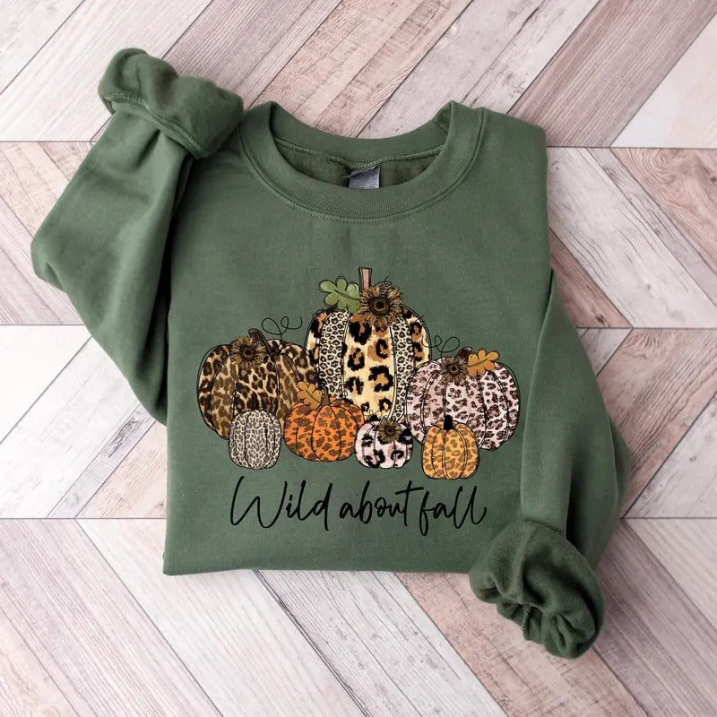 Wild About Fall Sweatshirt, Pumpkin Fall Shirt, Happy Thanksgiving Shirt, Fall Pumpkin Mom Sweater, Teacher Fall Shirt,Womens Leopard Print