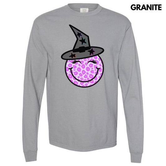 Witchy Purple Leopard Happy Face Long Sleeve Comfort Colors T-Shirt 'NLB'