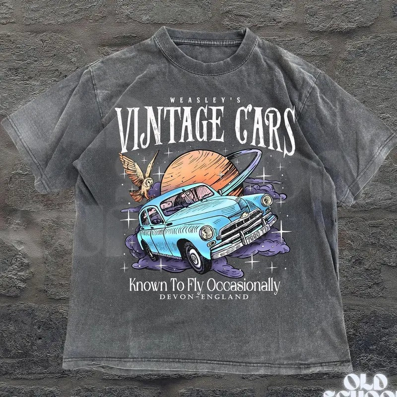 Wizard Flying Car Vintage 90s Graphic Shirt, Retro Style Weasley Car Tee, Bookish Wizard Shirt, Universal Fan shirt, Magical Adventure Tee, HP books