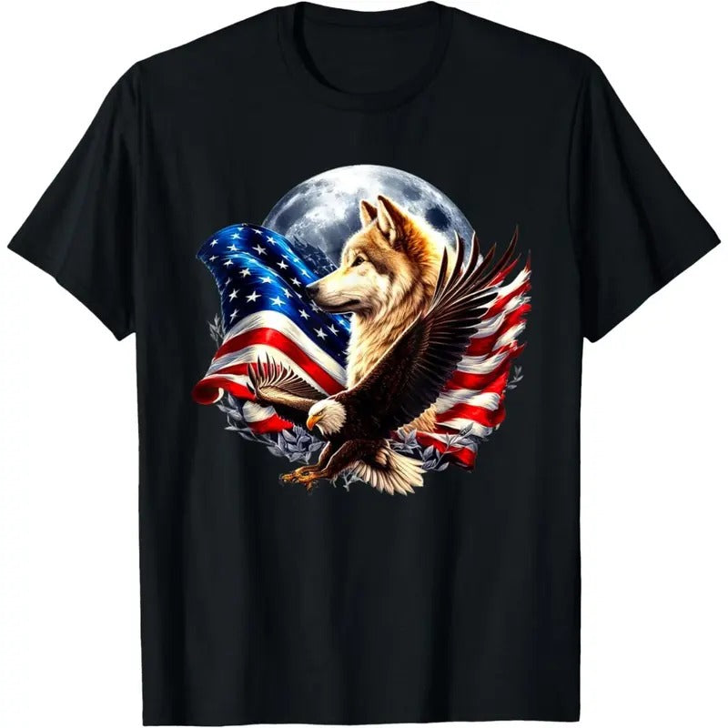 Wolf Bald Eagle American Flag Full Moon New Years Wolf Lover T-Shirt made in usa