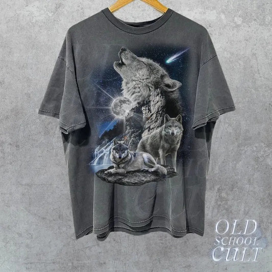 Wolf Family Vintage T-Shirt, Howling Bark at Moon, Wild Free Wolves Pack, Loyal Gray Wolf Dog Animal Shirt, Vintage Distressed Shirtsstyle{n002}2