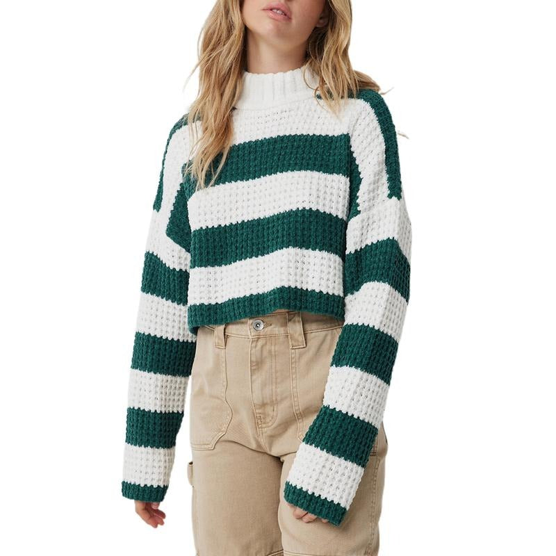 Women Cute Crop Sweaters Casual Striped Print Comfy Warm Long Sleeve Pullover Basic Knitwear for Fall Streetwear