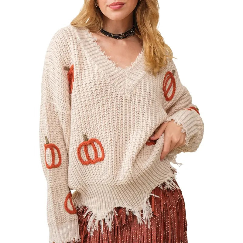 Women Halloween Sweater, Long Sleeve V Neck Pumpkin Pullover Warm Sweater for Fall Winter